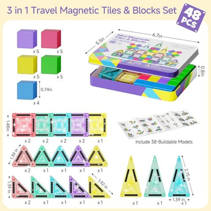 burgkidz Magnetic Tiles Travel Set: 48 PCS 3-in-1 Diamond Tin Box Mini Magnetic Blocks for Kids Ages 3-8, 60-Mins Quiet Focus with 45-Second Cleanup, Perfect for Air Travel & Car Trips Boys & Girls