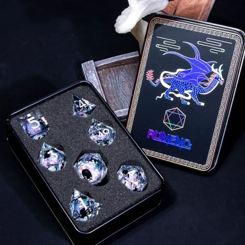 Roycevon Resin DND Dice Set with Gift Box, 7Pcs Liquid Core Cat D&D Dice, Cute Dungeons Dragons D and D Dice, Sharp Edge Role Playing Game Dice D20 D12 D10 D8 D6 D4, Rainbow White - color: Rainbow White