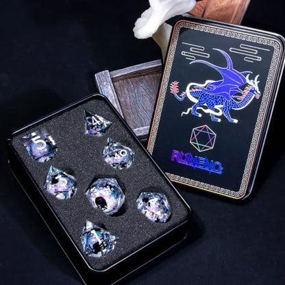 Roycevon Resin DND Dice Set with Gift Box, 7Pcs Liquid Core Cat D&D Dice, Cute Dungeons Dragons D and D Dice, Sharp Edge Role Playing Game Dice D20 D12 D10 D8 D6 D4, Rainbow White - color: Rainbow White