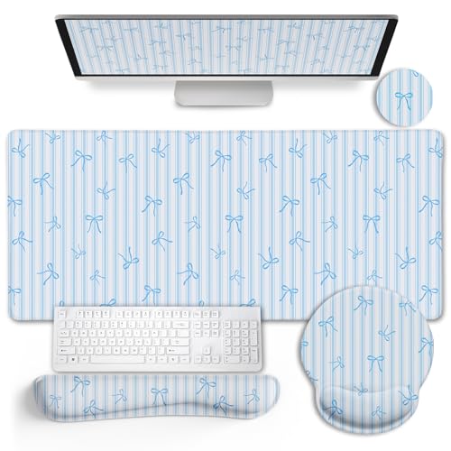 LIMKRIAN Blue Striped Mouse Pad Set Large Desk Mat for Keyboard and Mouse | Ergonomic Office Mousepad with Wrist Rest, Keyboard Mat Wrist Support, Cup Coaster, Cute Office Desk Accessories for Women - color: Bow Blue Stripes