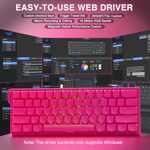 AULA WIN60 HE PRO 60% Mechanical Gaming Keyboard Wired, Magnetic Switch Hot Swappable, Adjustable Actuation Rapid Trigger Mode, 8000Hz Polling Rate, RGB Small Keyboard 60 Percent Compact Design for PC - color: Rose Pink, size: Pro Version