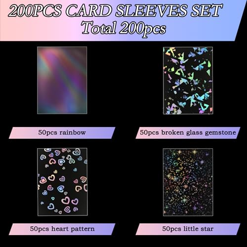 200pcs Holographic Card Sleeves 66x91mm Cute Photocard Sleeves Laser Flashing Trading Card Sleeve for MTG, TCG, Baseball, Football, Game Cards Collectors Heavy Duty 4 Mil Protector PP 4 Designs - style: Front Holographic Back Clear