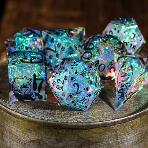 Cusdie 7-Die Sharp Edges DND Dice Set, Cat Pattern Polyhedral D&D Dice Set for DND TTRPG Role Playing Games - color: Cat Pattern-transparent Black