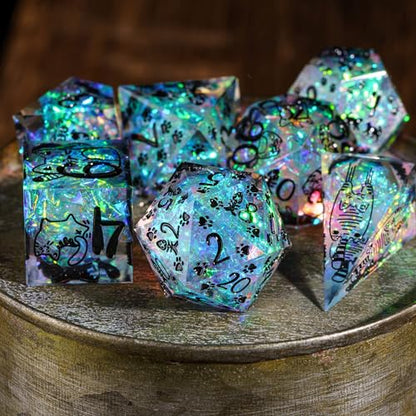 Cusdie 7-Die Sharp Edges DND Dice Set, Cat Pattern Polyhedral D&D Dice Set for DND TTRPG Role Playing Games - color: Cat Pattern-transparent Black