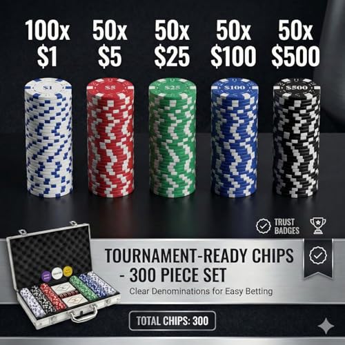 HEITOK 300pc Poker Chip Set 11.5g Iron Core Denominations Texas Holdem | 2-8 players, numbered values 1/5/25/100/500, aluminum case, cards, dice, dealer/small/big blind buttons, Blackjack - size: 300 numbered chips set