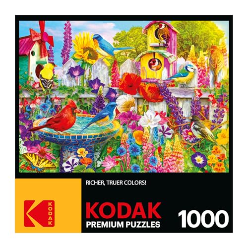 RoseArt Kodak Premium Bird Bath Garden 1000 Piece Jigsaw Puzzle | Fully Interlocking Pieces, Bonus Poster Included, Made in USA - style: Bird Bath Garden