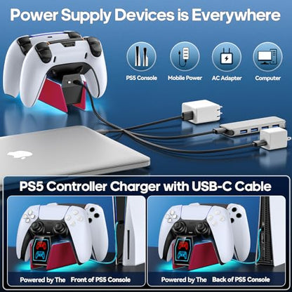 Controller Charger Station Compatible with Play 5 Faceplates Edge & Dual Controller, 9 Lightings P 5 Accessories Charging Station, P 5 Dock Stand with LED Indicator & On-Off Switch, Volcanic Red for PlayStation Consoles - color: Volcanic Red