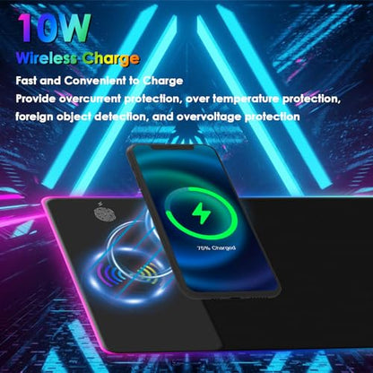 RGB Gaming Mouse Pad with Wireless Charging 15W, 14 Lights Touch Button LED Mouse Mat Extra Large Mousepad Non-Slip Rubber Base Waterproof Computer Keyboard Mat for Gaming, PC, Laptop, 800x300x4MM