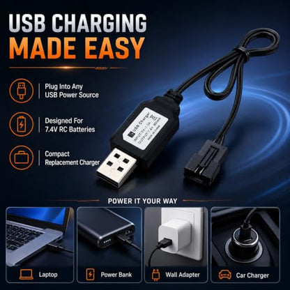 SM-4P USB Charger Cable Replacement for RC Car, RC Boat 7.4V Charger Plug, USB Charging Cable - 2Pack
