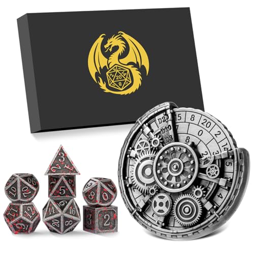 Silver Gear Fingertip Gyro + 7pcs Bloodstained Silver Polyhedral Metal DND Dice Set, Metal Dice Spinner Set, DND Starter Set, Christmas D&D Gifts with Gift Box, Role Playing Board Game Accessories - color: Bloodstained Silver