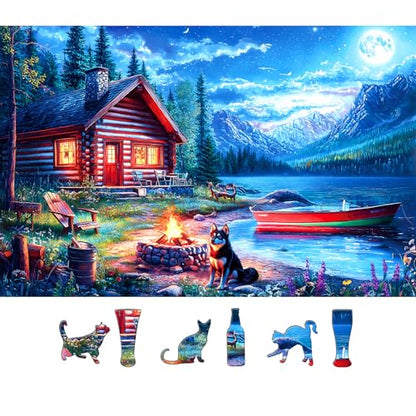 Moonlit Lake Cabin 500 Piece Jigsaw Puzzle for Adults & Seniors, Night Scenery Puzzle with Log Cabin, Lake, Mountains Adult Jigsaw Puzzles with Letters on Back Fun Family Puzzle Gift - color: Colorful-moonlit Lake Cabin