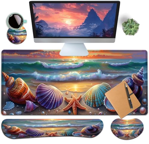Large Gaming Mouse Pad+ Keyboard Wrist Rest Set, Ergonomics Memory Foam Mouse Mat Wrist Rest Support for Home Office, Waterproof Extended Mousepad 31.5x11.8in, Sea Waves Shells Desk Pad - color: Yvb-mousepad-9-f-168