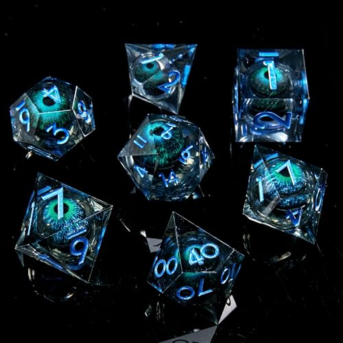 FugaCity Dice Set,Handmade Sharp Edge 7 Piece Resin Dice-Dungeon&Dragons Polyhedral Dice Set, D&D Dice Set with Gift Dice Case for RPG MTG Table Games - color: A-liquid Core Blue Eyeball