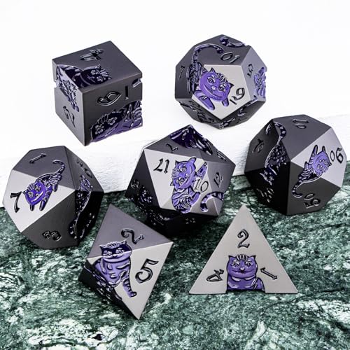 Metal DND Cat Dice 7PCS Polyhedral RPG Dice Set with Gift Case for Dungeons Dragons Role Playing Game, D and D Dice D6 D8 D10 D12 D20 D% (Grey Purple) - color: Cat-grey Purple