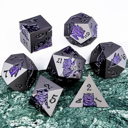 Metal DND Cat Dice 7PCS Polyhedral RPG Dice Set with Gift Case for Dungeons Dragons Role Playing Game, D and D Dice D6 D8 D10 D12 D20 D% (Grey Purple) - color: Cat-grey Purple