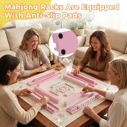 Pink Wooden Mahjong Racks with Pushers 19.68 Inch, Solid Beechwood American Mahjong Tile Holders Set of 4, Strong Magnetic Pushers, Durable Wooden Mahjong Accessories with Storage Bag