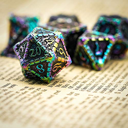 Cusdie 7 Pcs Metal DND Dice with Metal Box, Dagger Design Polyhedral Dice Set, for Role Playing Game D&D Dice (Colorful Black) - color: Colorful Black