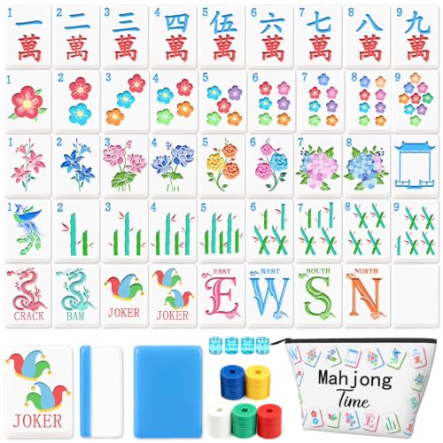 160 American Mahjong Tile Set with Bag 1.2'' Blue Mah Jongg Tiles | Travel Floral Engraved Melamine Mahjong Set for Beginner Friends Clubs Family Game Night Gifts (4 Dice, 100 Poker Chips)