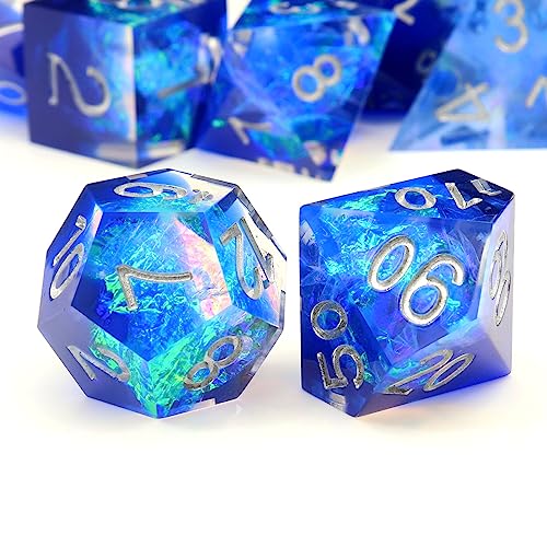 Haxtec Sharp Edge DND Dice Set, Holographic Resin Polyhedral RPG Dice | Blue D&D Dice for Role Playing Games, Compatible with Dungeons and Dragons, Handmade 7-Die with Metal Case, TTRPG Gifts - color: Blue Silver
