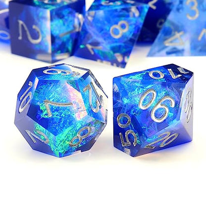 Haxtec Sharp Edge DND Dice Set, Holographic Resin Polyhedral RPG Dice | Blue D&D Dice for Role Playing Games, Compatible with Dungeons and Dragons, Handmade 7-Die with Metal Case, TTRPG Gifts - color: Blue Silver