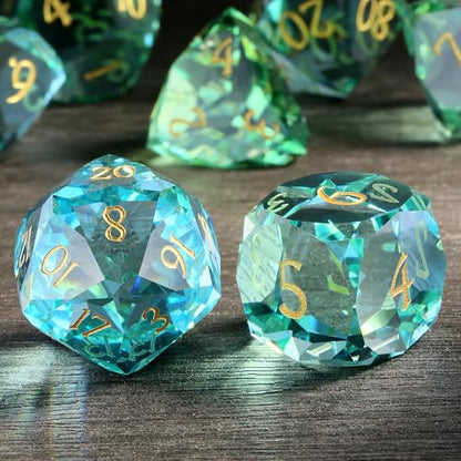 DNDND 7-Piece Glass Dice - Multifaceted Colorful DND Dice, Tabletop Gaming, Collectors | Premium Gift Box & Durable Design (Green and Blue) - color: Green and Blue