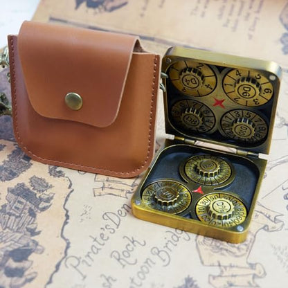 Metal DND Dice Set 7-in-1 D4-D20 3D Dragon Case Leather Bag Golden | 7 in 1 metal polyhedral dice. D4-D20 dnd spinner. 3D dragon case. Leather storage bag. Zinc alloy. DND RPG TTRPG gift. - color: Retro Golden