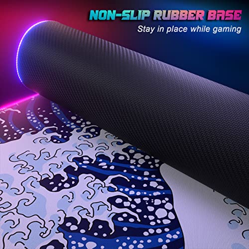 ITNRSIIET RGB Gaming Mouse Pad, Full Desk XL Extended Large Gaming Mousepad, 12 Lighting Modes 30% Thicker Big LED Desk Mat for Gamers, 32 x 12 inches, Japanese Waves - color: Japanese Waves