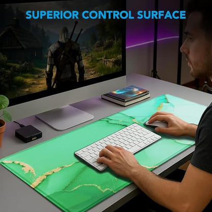 Large Gaming Mouse Pad, Waterproof Mousepad with Stitched Edges, Non-Slip Rubber Base, XXL Computer Long Keyboard Mouse Mat for Gamer, Office & Home, 31.5" x 15.7", Marble Green - color: Marble Green, size: 31.5 inches x 15.7 inches