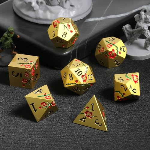 DNDND Flowers Metal Dice, 7 PCS Metallic DND Dice with Gorgeous Gift Case for D&D Dungeons and Dragon Tabletop Game (Red Flowers with Gold) - color: Flower Gold Red