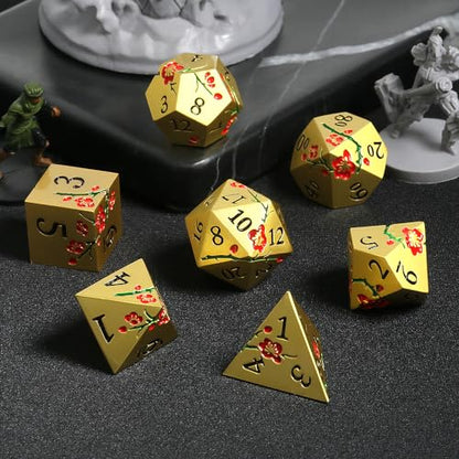 DNDND Flowers Metal Dice, 7 PCS Metallic DND Dice with Gorgeous Gift Case for D&D Dungeons and Dragon Tabletop Game (Red Flowers with Gold) - color: Flower Gold Red