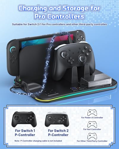 [Switch 2/1 Compatible] FASTSNAIL Charging Dock & Orgainzer Station & Cooling Fan for Nintendo Switch 2/1/OLED, Storage Stand for JoyCon 2/1 with 12 Card Slots, Controller/Headset Holder, 9 RGB Modes