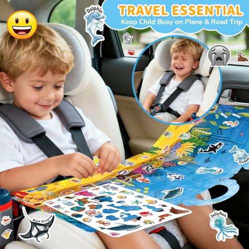 6 Sets Reusable Sticker Book for Toddlers 3-6, Jelly Sticker Books for Toddler, Travel Sticker Activity Toys for Kids 3 4 5 6 Years Old Girls & Boys