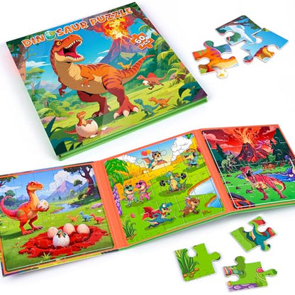 3 in 1 Magnetic Dinosaur Puzzles for Kids Ages 3-5, 3x20 Pieces Puzzles for Toddlers 4-6, Car Airplane Road Trip Activities Magnet Games Toys for 3 4 5 6 Year Old Boys - style: Dinosaurs 60Pcs
