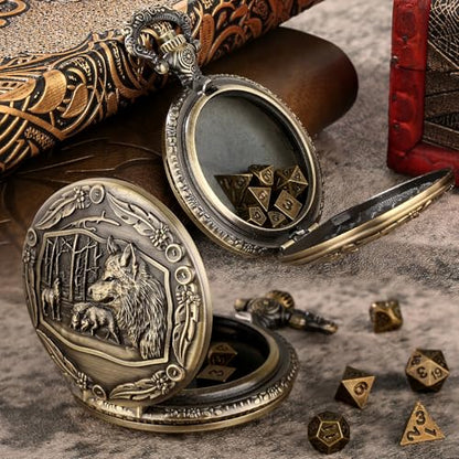 Mini DND Dice Set with Steampunk Wolf Pocket Watch Shell Case, 7pcs Polyhedral Metal D&D Dice, DND Gifts with Gift Box, Role Playing Board Games Accessories - color: Bronze