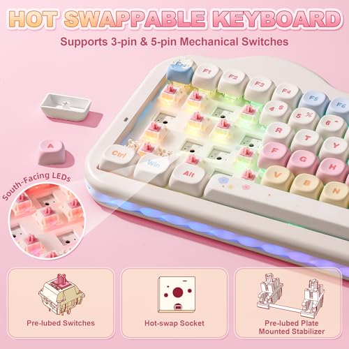 YUNZII C75 Wireless Mechanical Keyboard,75% Layout, Hot-Swappable NKRO,BT5.0/2.4G/USB-C Mode,Dye-Sub PBT MOA Keycaps,RGB Gasket Mount,Cute Cake Design for Mac/Win/Gaming (Beige, Candy Switch) - color: Beige, size: Candy Switch