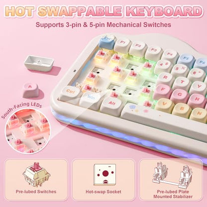 YUNZII C75 Wireless Mechanical Keyboard,75% Layout, Hot-Swappable NKRO,BT5.0/2.4G/USB-C Mode,Dye-Sub PBT MOA Keycaps,RGB Gasket Mount,Cute Cake Design for Mac/Win/Gaming (Beige, Candy Switch) - color: Beige, size: Candy Switch
