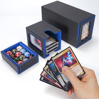 AFIING MTG Commander Card Storage Box - Fits 200 Double Sleeved Cards,3-in-1Card Deck Case,Strong Magnet Card Organizer For Magic Commander TCG CCG,4Dividers &2 Toploaders, Black/Blue - color: Black Blue