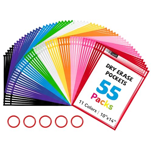 Gamenote 55 Pack Dry Erase Pockets with 5 Rings, 11 Assorted Colors 10x14 Oversized Reusable Plastic Sleeves, Clear Sheet Protectors, Teacher Supplies for Classroom Organization - color: Assorted Colors, size: 55 Pack