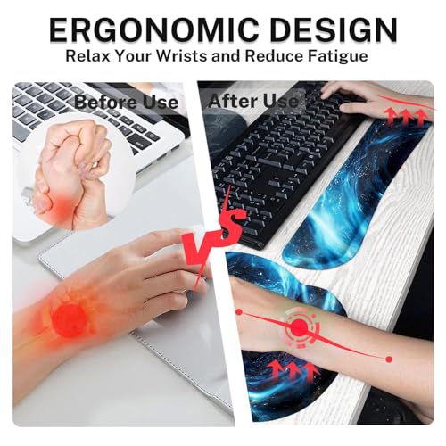 Britimes Blue Black Galaxy Keyboard Mouse Pad Set Desk Ma Space Abstract 4in1 Large Mousepad+Keyboard Wrist Rest+Mouse Wrist Rest+Coaster Ergonomic Design for Home Office Computer 35.4x15.7 inches - color: Blue Black Gold Galaxy
