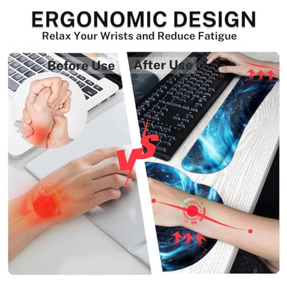 Britimes Blue Black Galaxy Keyboard Mouse Pad Set Desk Ma Space Abstract 4in1 Large Mousepad+Keyboard Wrist Rest+Mouse Wrist Rest+Coaster Ergonomic Design for Home Office Computer 35.4x15.7 inches - color: Blue Black Gold Galaxy