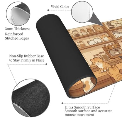 Cat Cafe Gaming Mouse Pad XL Large Extended Desk Mat, Non-Slip Rubber Base, Stitched Edges, Waterproof Surface for Office & Gaming 31.5x11.8 in - color: 30