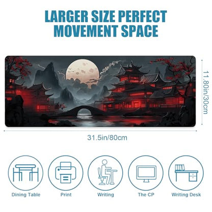Gaming Mouse Pad, Large Desk Mat, Japanese XL Extended Big Mousepad with Non-Slip Rubber Base Stitched Edges, Laptop Computer Keyboard Mat, Office&Home, 31.5x11.8in - color: Red Moon