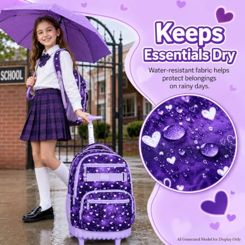 3Pcs Rolling Backpack for Girls Teens, 19" Wheeled Backpack with Lunch Box, Polka Dots Travel Roller Backpack for Women College Students (Purple) - color: Starry Sky Heart Purple