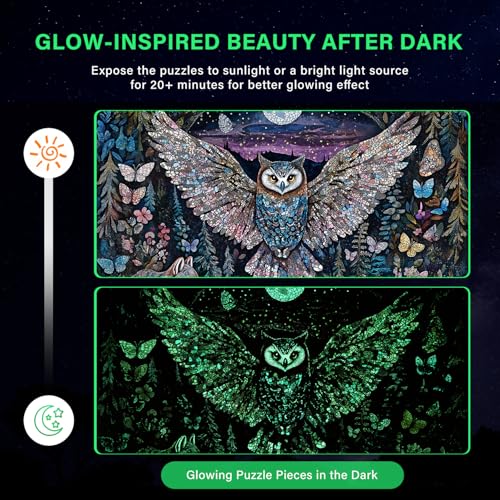 1000 Piece Jigsaw Puzzle for Adults, Glow-in-The-Dark Owl Puzzle | Enchanted Moonlit Forest Puzzle with Butterflies and Foxes, Challenging Nature-Themed Brain Teaser Game, 26.6x19.2 in - color: Moonlit Guardian Owl