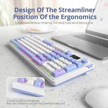 RGB Mechanical Feel Membrane Wireless Keyboard, Wired/Bluetooth/2.4G Silent ABS Ball Cap Gasket Structure Gaming Office Keyboard for PC/Mac/Win (Sea Salt Blue) - color: Sea salt blue