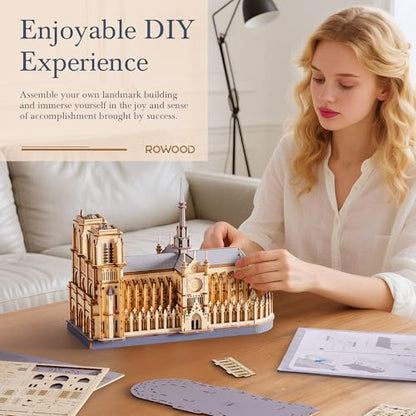 Rowood 3D Puzzles for Adults,Wooden Architecture DIY Model Kit Building Set for Adults, Notre-Dame de Paris Cathedral and Castle Collection,Birthday for Women Friends - style: Paris Cathedral
