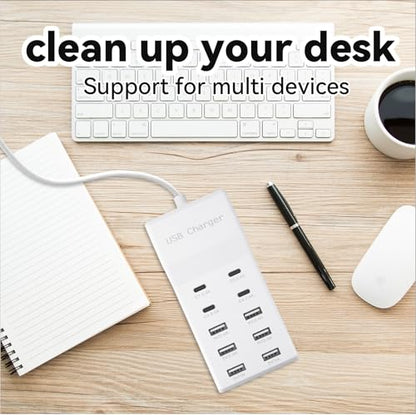 USB Power Strip Charging Station, 10-Port 6A+4C Multi Charger Block | 50W 10A Total Output, Auto-Detect Tech, Compatible with iPhone, Samsung, iPad Multi Device Home Office Travel Use