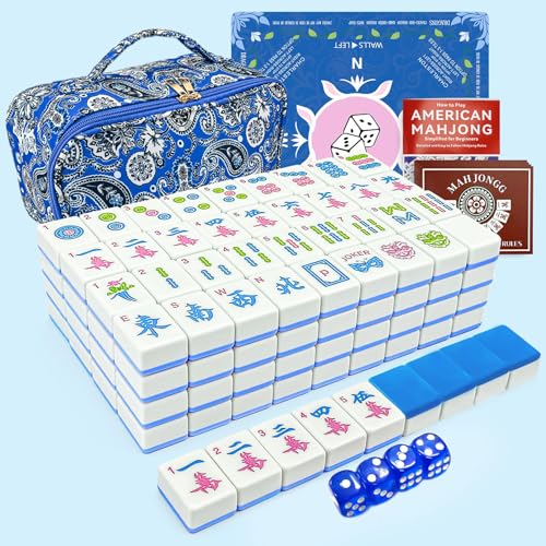 American Mahjong Tile Set, 166 Tiles (1.2”), Cute Mini Mahjong Tiles- Blue | Mahjong Tile Set with Carrying Bag, Dice, Mat, Portable Travel Complete Game Set for Home Outdoor Enthusiast Gift - color: Blue