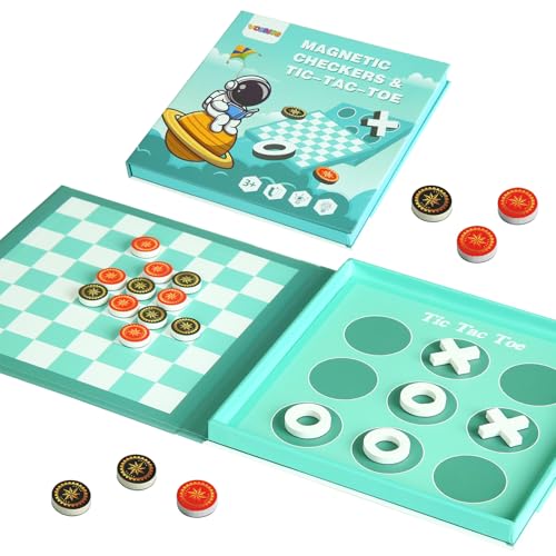 2-in-1 Magnetic Checkers & Tic-Tac-Toe Board Game | Travel Activities for Kids | Foldable Plane and Car Games | Family Fun Travel Essentials for Boy and Girl Over 3 Years - color: Checkers Game