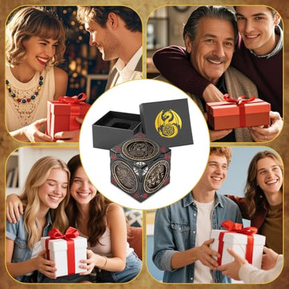 DND Spinner Dice, 7-in-1 Metal Dice Set, 3D Relief Design, DND Polyhedral Rotating Game Dice, D&D Gifts with Dragon Logo Gift Box, RPG, Role Playing Board Game Accessories, Black - color: Gold + Dark Grey